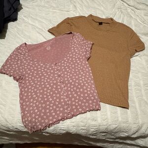 Women's Pink Floral and Tan Ribbed Tops